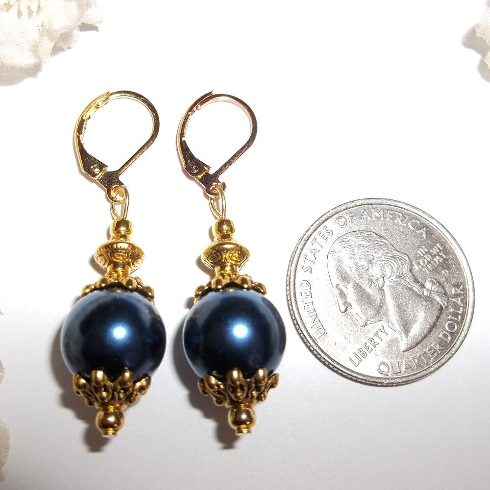 Gold and Navy Blue Pearl Earrings Drop Dangle Costume Jewelry Gift Woman D411 - Picture 2 of 5